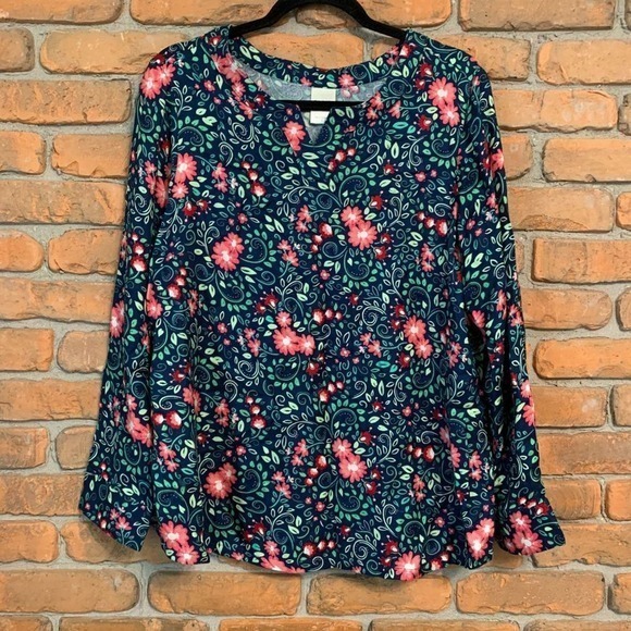 Blair Floral Print Long-Sleeve V-Neck Soft Popover Top Blouse Navy Blue - Size L - Picture 1 of 6